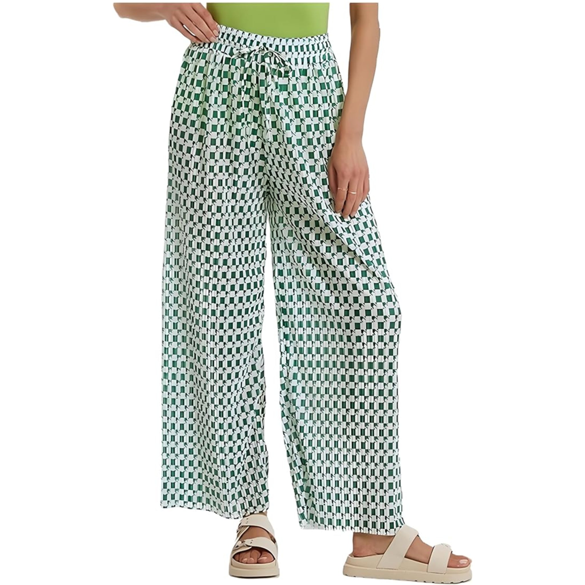 Ladies Green and White Check Design Palazzo Trousers – Wide Leg Lightweight Summer Pants